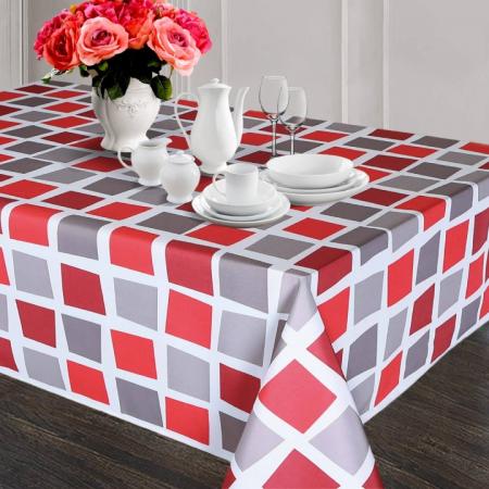 RED AND GREY SQUARES POLYESTER TABLECLOTH