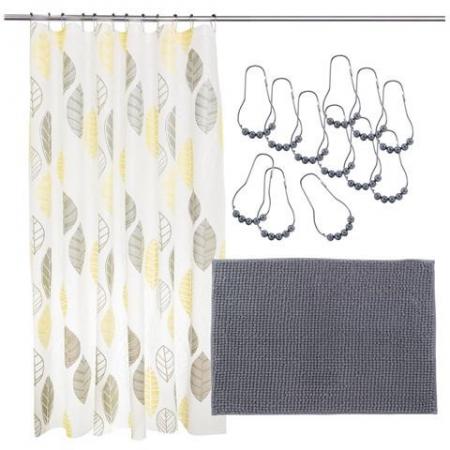 SHOWER CURTAIN,  HOOKS AND MAT SET